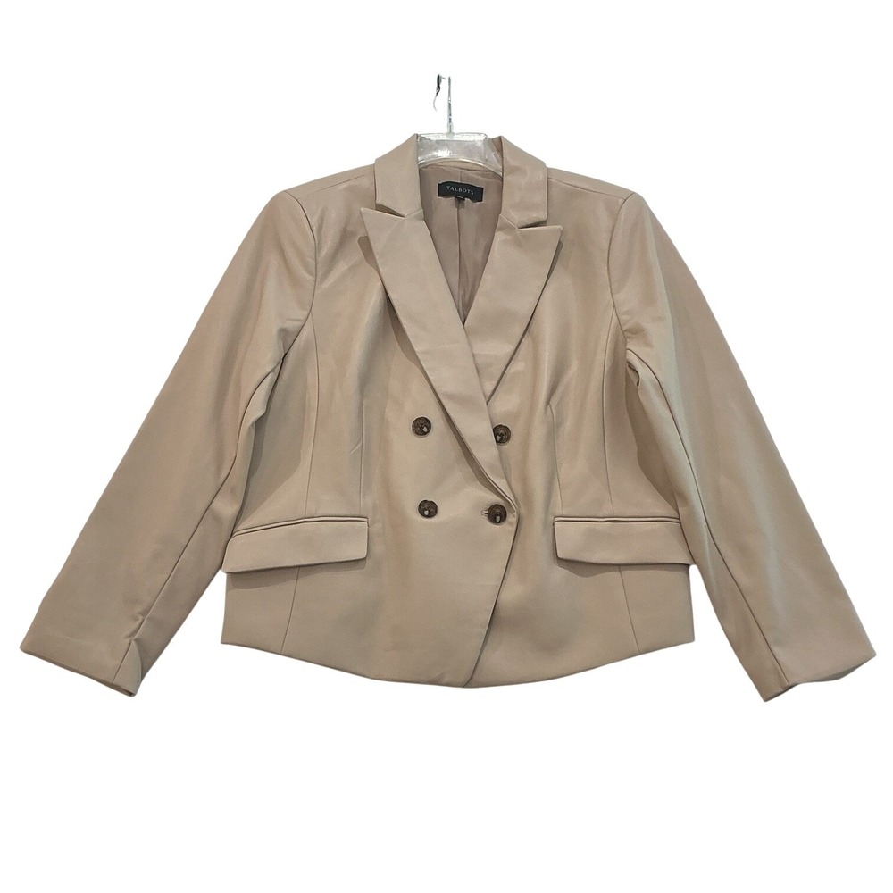 Talbots Womens Beige Faux Leather Double Breasted Blazer Jacket Size 18
